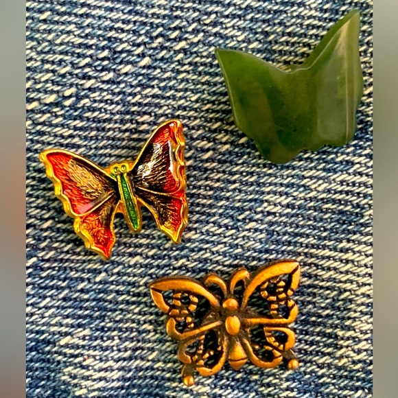 Bundle of Vintage Butterfly Lapel Hat Pins Copper Cloisonné Aventurine Set of 3 - Picture 2 of 7
